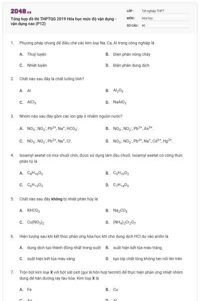 Tổng hợp đề thi THPTQG 2019 Hóa học mức độ vận dụng - vận dụng cao (P12)