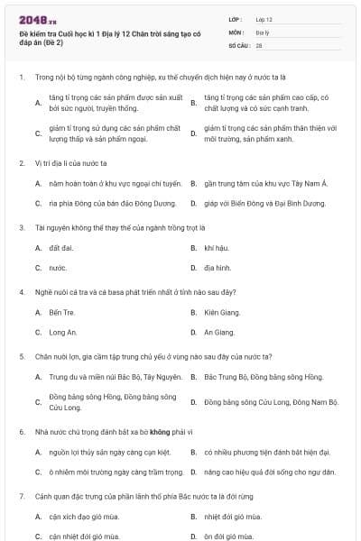 Đề kiểm tra Cuối học kì 1 Địa lý 12 Chân trời sáng tạo có đáp án (Đề 2)