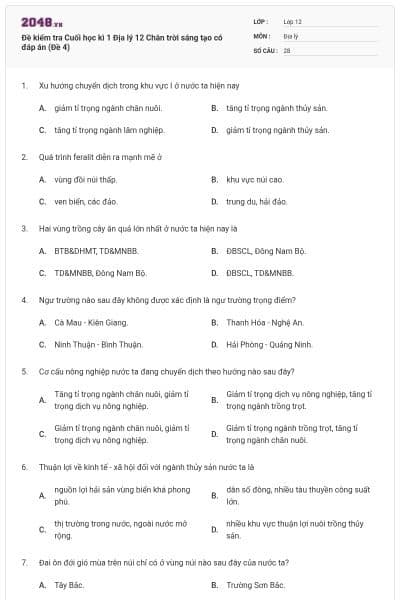 Đề kiểm tra Cuối học kì 1 Địa lý 12 Chân trời sáng tạo có đáp án (Đề 4)