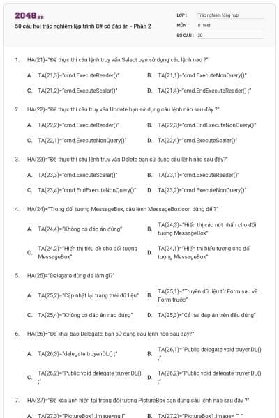 50 câu hỏi trắc nghiệm lập trình C# có đáp án - Phần 2