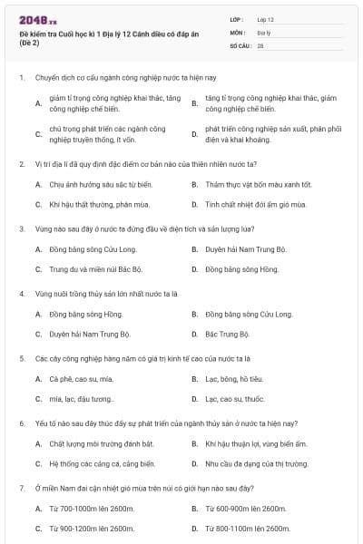 Đề kiểm tra Cuối học kì 1 Địa lý 12 Cánh diều có đáp án (Đề 2)