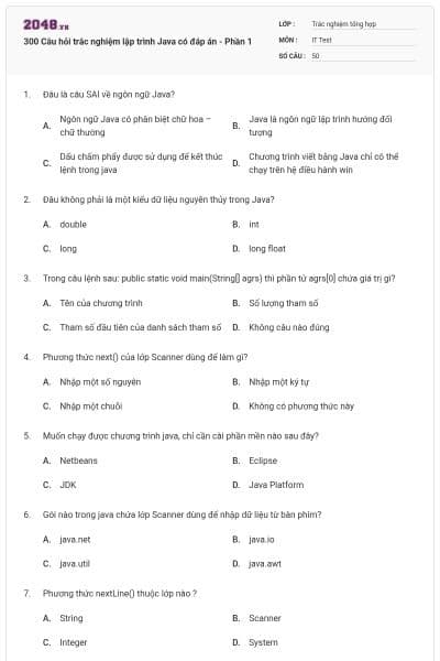 300 Câu hỏi trắc nghiệm lập trình Java có đáp án - Phần 1