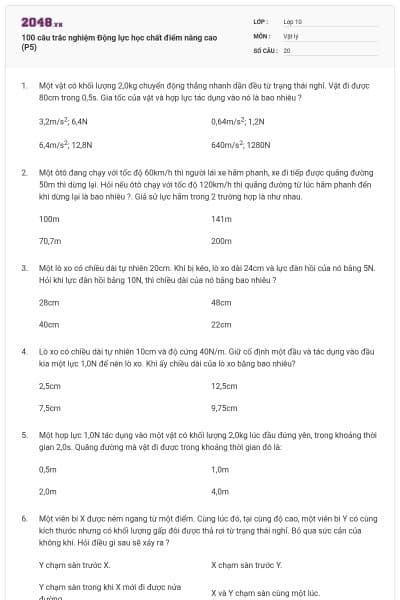 100 câu trắc nghiệm Động lực học chất điểm nâng cao (P5)
