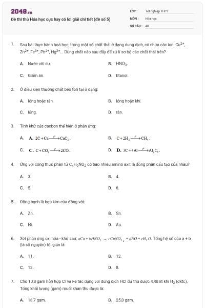 Đề thi thử Hóa học cực hay có lời giải chi tiết (đề số 5)