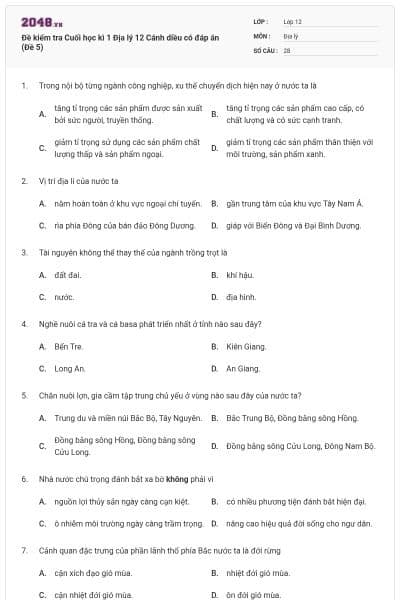 Đề kiểm tra Cuối học kì 1 Địa lý 12 Cánh diều có đáp án (Đề 5)
