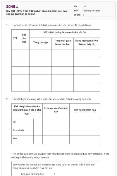 Giải SBT HĐTN 7 Bài 5: Nhận biết khả năng kiểm soát cảm xúc của bản thân có đáp án