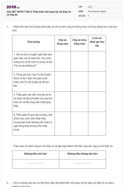 Giải SBT HĐTN 7 Bài 6: Phát triển mối quan hệ với thầy cô có đáp án