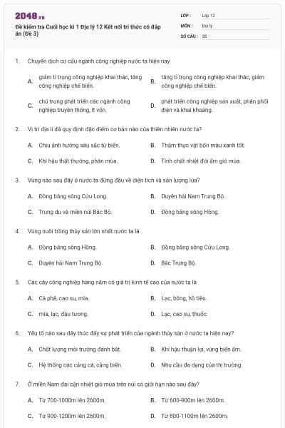 Đề kiểm tra Cuối học kì 1 Địa lý 12 Kết nối tri thức có đáp án (Đề 3)