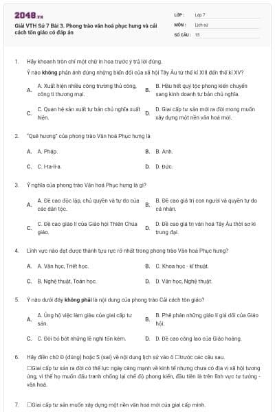 Giải VTH Sử 7 Bài 3. Phong trào văn hoá phục hưng và cải cách tôn giáo có đáp án