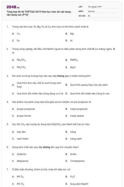 Tổng hợp đề thi THPTQG 2019 Hóa học mức độ vận dụng - vận dụng cao (P10)