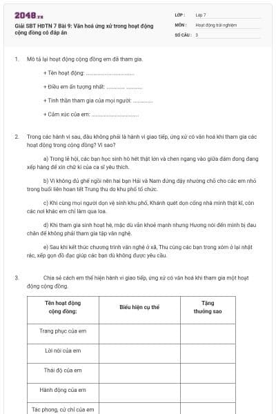 Giải SBT HĐTN 7 Bài 9: Văn hoá ứng xử trong hoạt động cộng đồng có đáp án