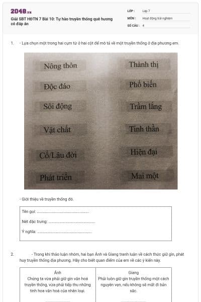 Giải SBT HĐTN 7 Bài 10: Tự hào truyền thống quê hương có đáp án