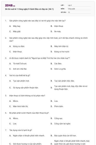 Đề thi cuối kì 1 Công nghệ 5 Cánh Diều có đáp án ( Đề 1)