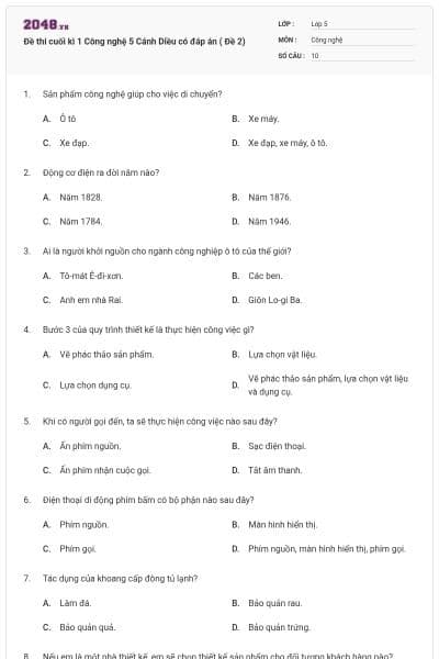 Đề thi cuối kì 1 Công nghệ 5 Cánh Diều có đáp án ( Đề 2)