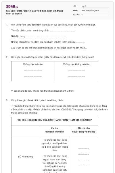 Giải SBT HĐTN 7 Bài 12: Bảo vệ di tích, danh lam thắng cảnh có đáp án