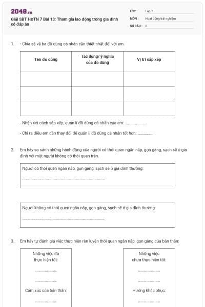 Giải SBT HĐTN 7 Bài 13: Tham gia lao động trong gia đình có đáp án