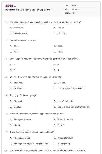 Đề thi cuối kì 1 Công nghệ 5 CTST có đáp án (Đề 1)