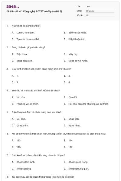 Đề thi cuối kì 1 Công nghệ 5 CTST có đáp án (Đề 2)