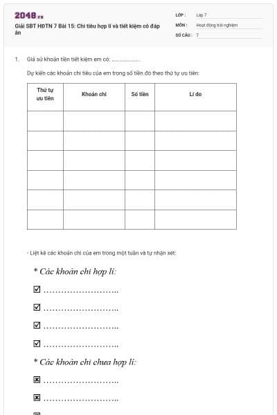 Giải SBT HĐTN 7 Bài 15: Chi tiêu hợp lí và tiết kiệm có đáp án