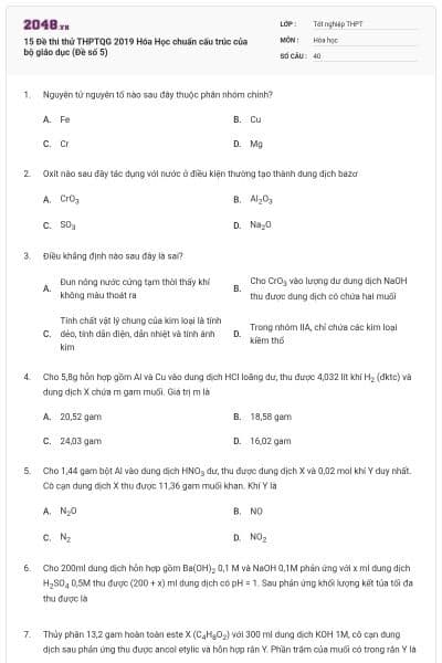 15 Đề thi thử THPTQG 2019 Hóa Học chuẩn cấu trúc của bộ giáo dục (Đề số 5)