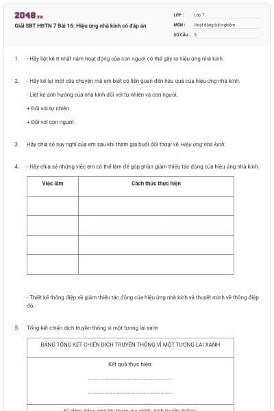 Giải SBT HĐTN 7 Bài 16: Hiệu ứng nhà kính có đáp án