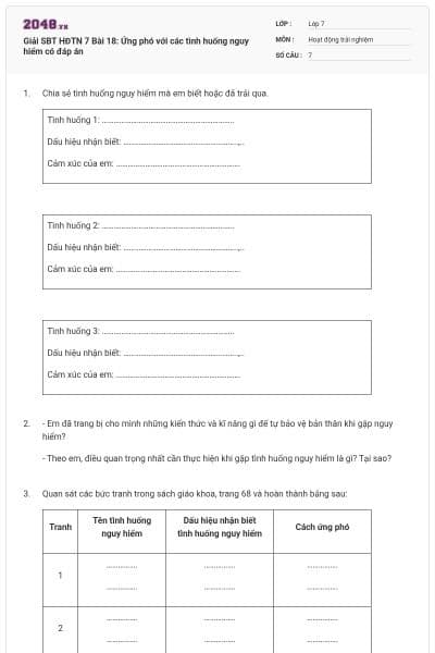 Giải SBT HĐTN 7 Bài 18: Ứng phó với các tình huống nguy hiểm có đáp án