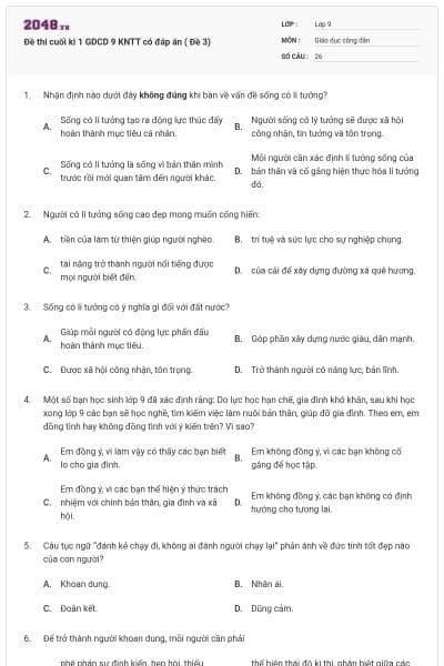 Đề thi cuối kì 1 GDCD 9 KNTT có đáp án ( Đề 3)