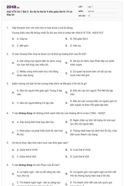 Giải VTH Sử 7 Bài 5. Ấn độ từ thế kỉ 4 đến giữa thế kỉ 19 có đáp án