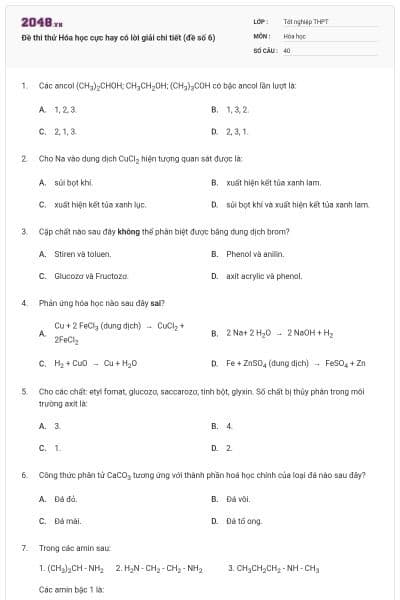Đề thi thử Hóa học cực hay có lời giải chi tiết (đề số 6)