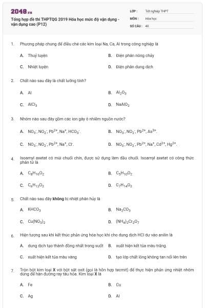 Tổng hợp đề thi THPTQG 2019 Hóa học mức độ vận dụng - vận dụng cao (P12)