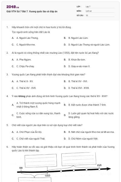 Giải VTH Sử 7 Bài 7. Vương quốc lào có đáp án
