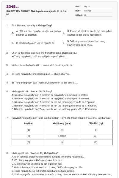 Giải SBT Hóa 10 Bài 2: Thành phần của nguyên tử có đáp án