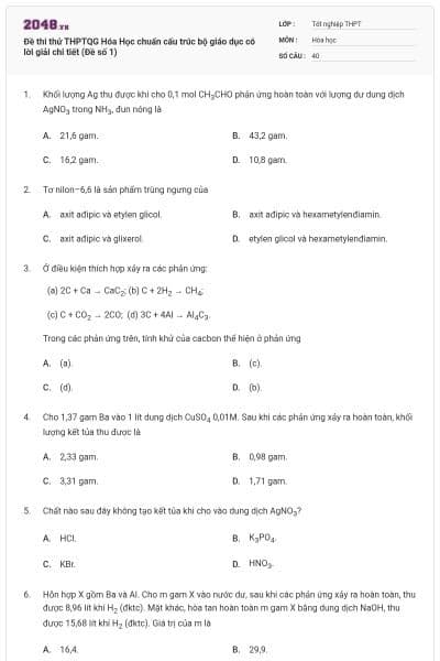 Đề thi thử THPTQG Hóa Học chuẩn cấu trúc bộ giáo dục có lời giải chi tiết (Đề số 1)