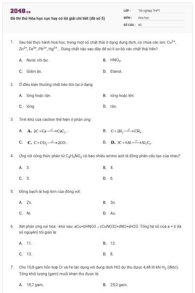 Đề thi thử Hóa học cực hay có lời giải chi tiết (đề số 5)