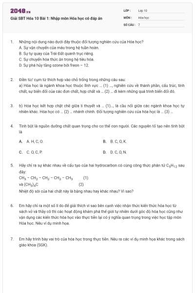 Giải SBT Hóa 10 Bài 1: Nhập môn Hóa học có đáp án