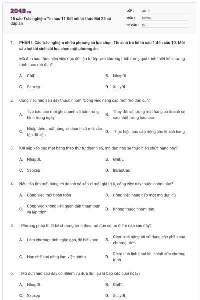 15 câu Trắc nghiệm Tin học 11 Kết nối tri thức Bài 28 có đáp án