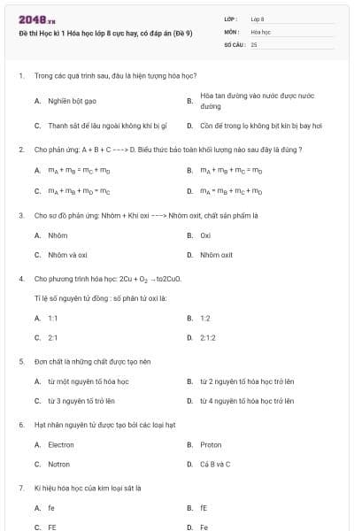 Đề thi Học kì 1 Hóa học lớp 8 cực hay, có đáp án (Đề 9)