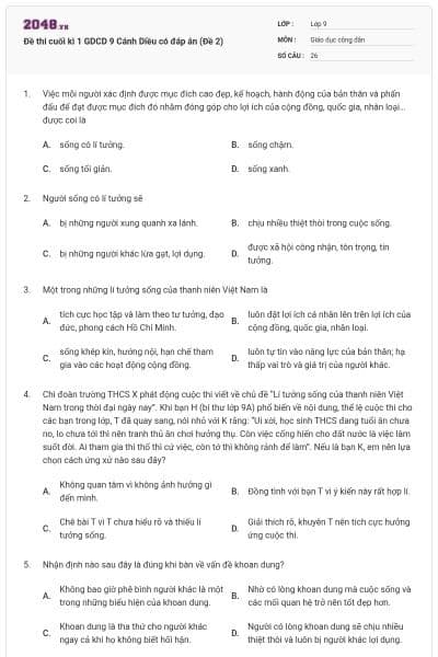 Đề thi cuối kì 1 GDCD 9 Cánh Diều có đáp án (Đề 2)