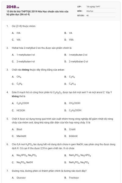 15 Đề thi thử THPTQG 2019 Hóa Học chuẩn cấu trúc của bộ giáo dục (Đề số 4)