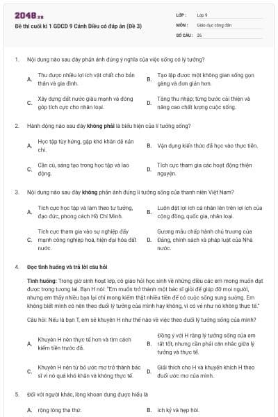Đề thi cuối kì 1 GDCD 9 Cánh Diều có đáp án (Đề 3)