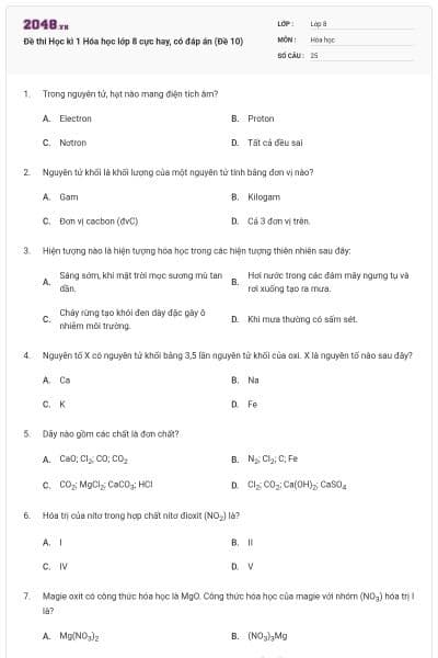 Đề thi Học kì 1 Hóa học lớp 8 cực hay, có đáp án (Đề 10)