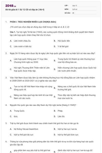 Đề thi giữa kì 1 Sử 12 CD có đáp án ( Đề 4)