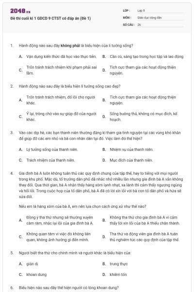 Đề thi cuối kì 1 GDCD 9 CTST có đáp án (Đề 1)