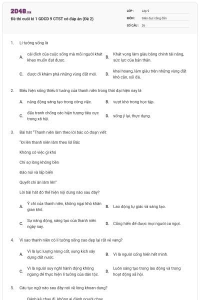 Đề thi cuối kì 1 GDCD 9 CTST có đáp án (Đề 2)