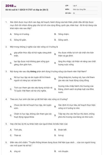 Đề thi cuối kì 1 GDCD 9 CTST có đáp án (Đề 3)
