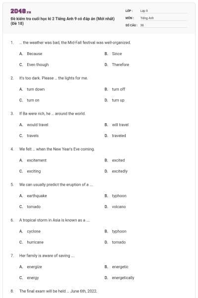Đề kiểm tra cuối học kì 2 Tiếng Anh 9 có đáp án (Mới nhất) (Đề 18)