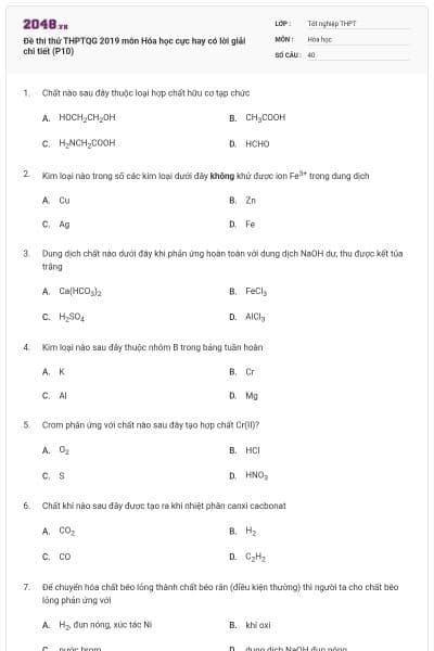 Đề thi thử THPTQG 2019 môn Hóa học cực hay có lời giải chi tiết (P10)