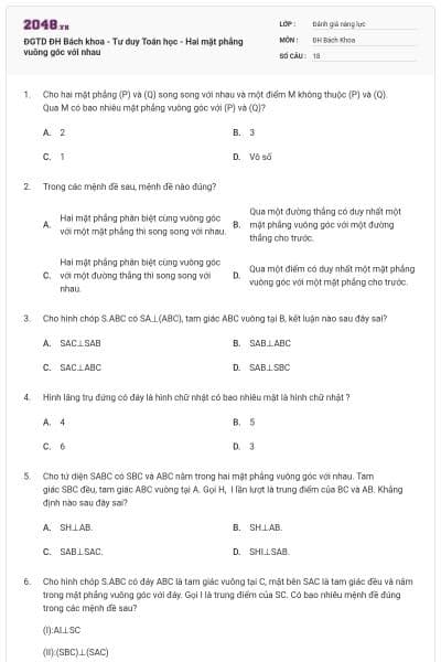 ĐGTD ĐH Bách khoa - Tư duy Toán học - Hai mặt phẳng vuông góc với nhau