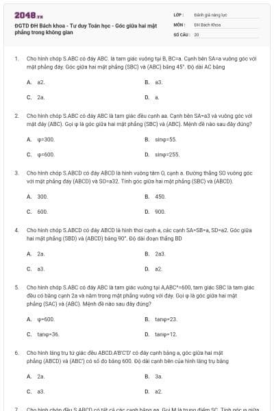 ĐGTD ĐH Bách khoa - Tư duy Toán học - Góc giữa hai mặt phẳng trong không gian