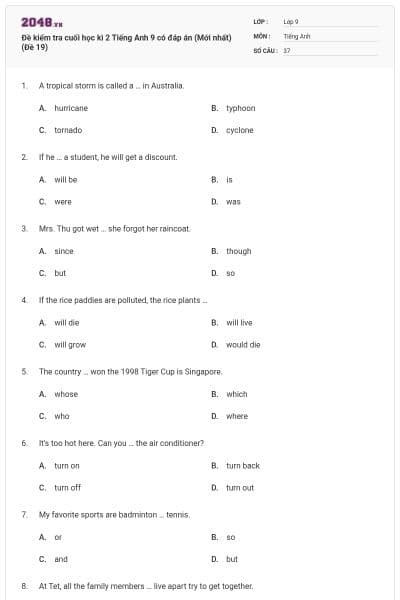 Đề kiểm tra cuối học kì 2 Tiếng Anh 9 có đáp án (Mới nhất) (Đề 19)